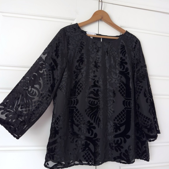 Talbots Tops - Talbots RSVP Burnout Velvet Blouse Large Black Sheer Dressy Lined Dark Romantic